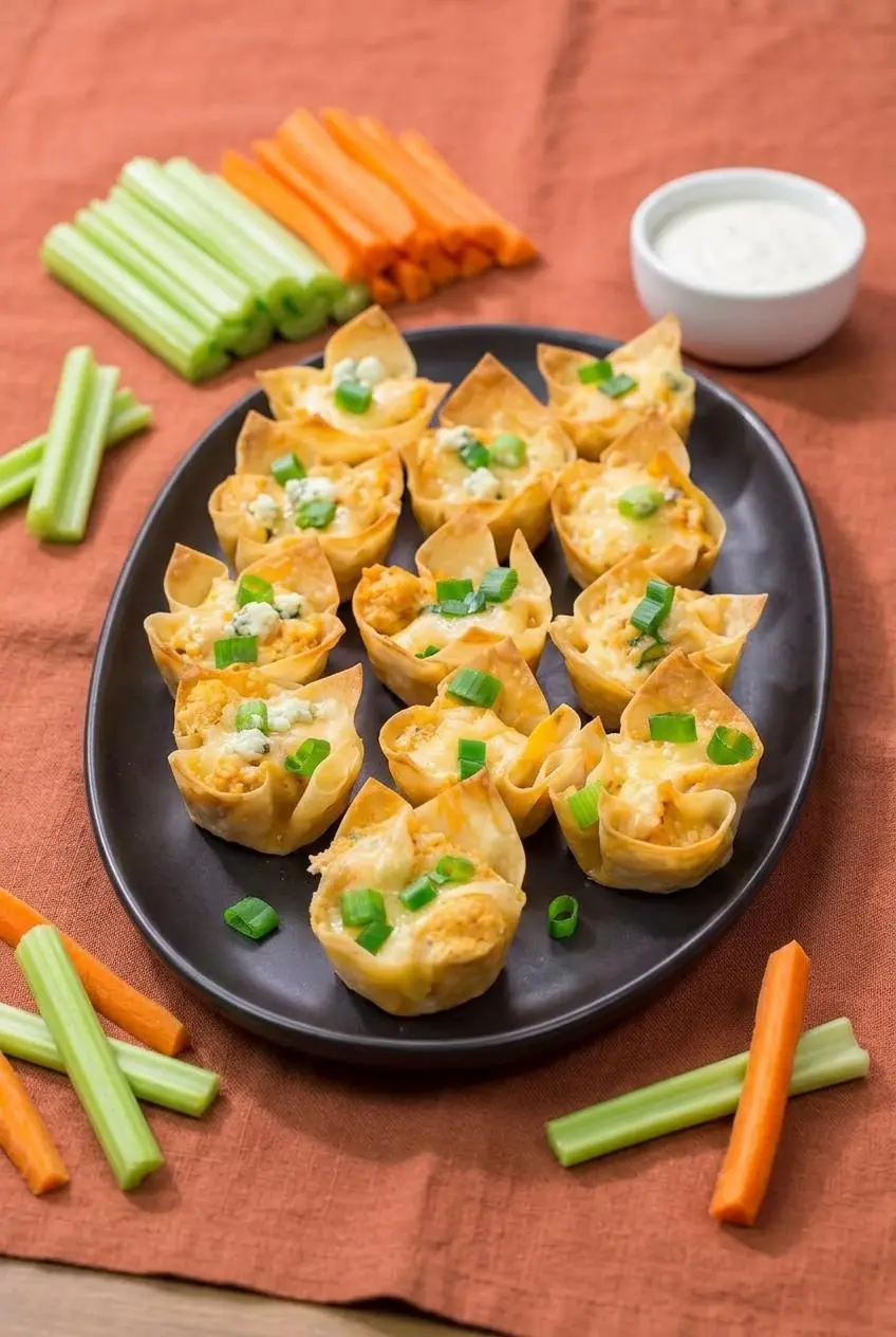 Buffalo chicken wonton cups served on a terracotta linen table with celery sticks, carrot sticks, and ranch dressing.