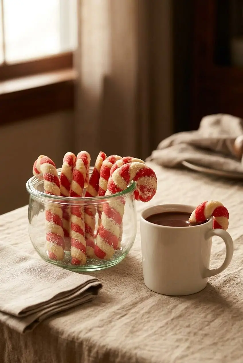 Candy cane cookies served beside a ceramic mug of hot chocolate with one cookie hooked on the rim.
