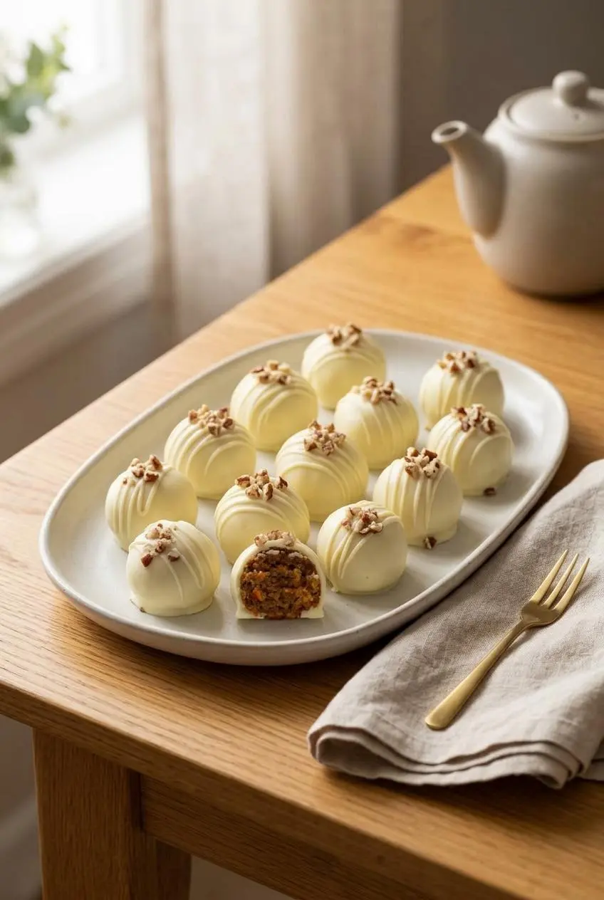 Platter of round carrot cake truffles garnished with chopped pecans on a wooden dining table