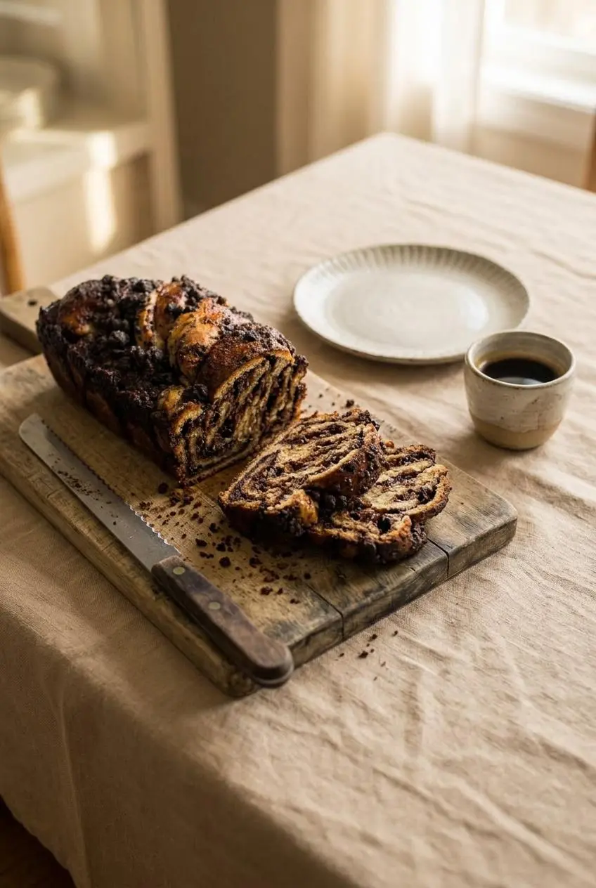 Thick slices of chocolate babka on a beige linen table with a serrated bread knife and a cup of black espresso.