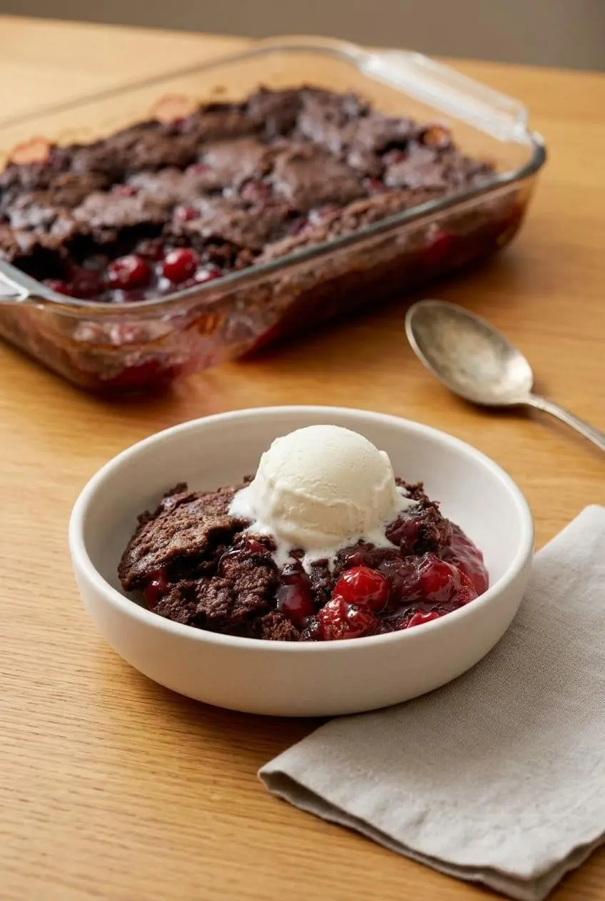 Warm scoop of chocolate cherry dump cake in a ceramic bowl topped with melting vanilla ice cream.
