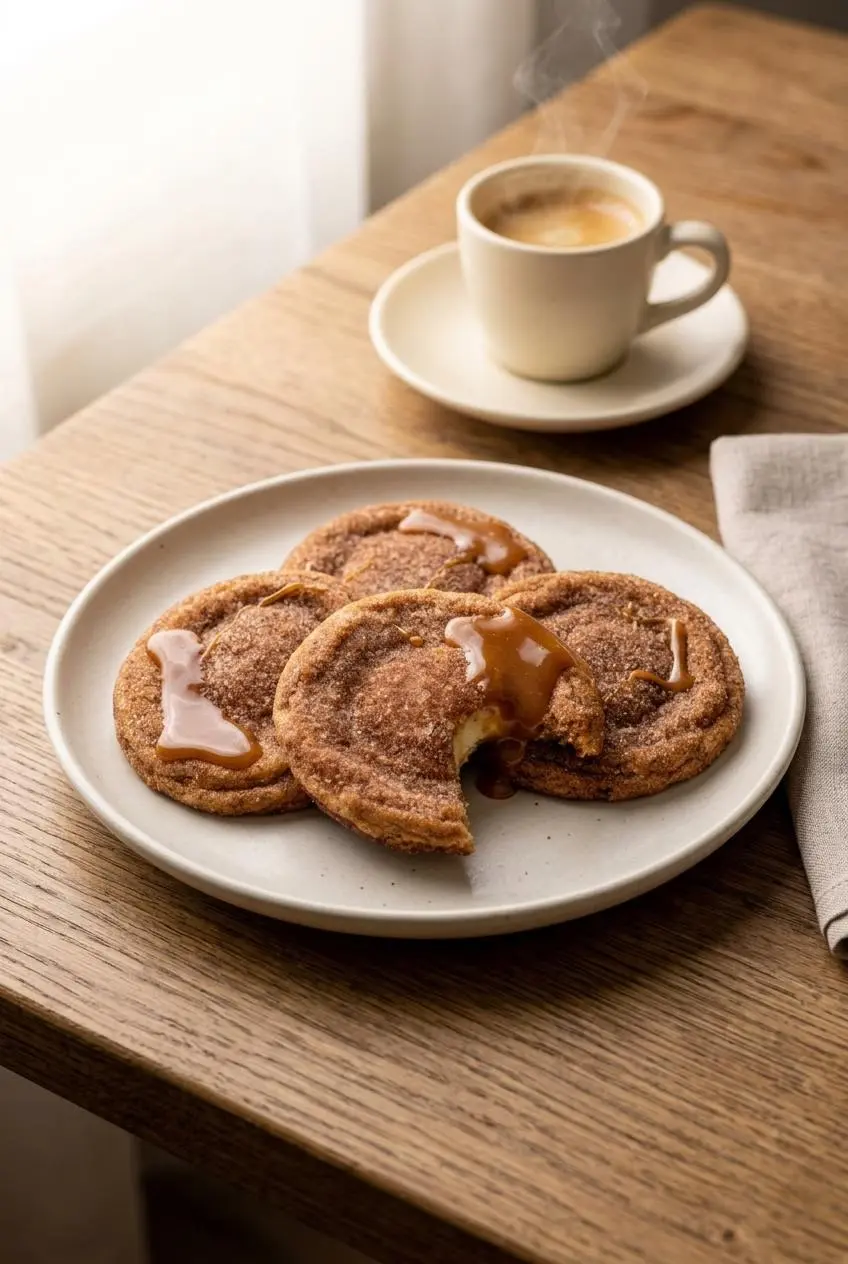 Three churro cheesecake cookies on a ceramic plate drizzled with caramel sauce beside hot espresso.