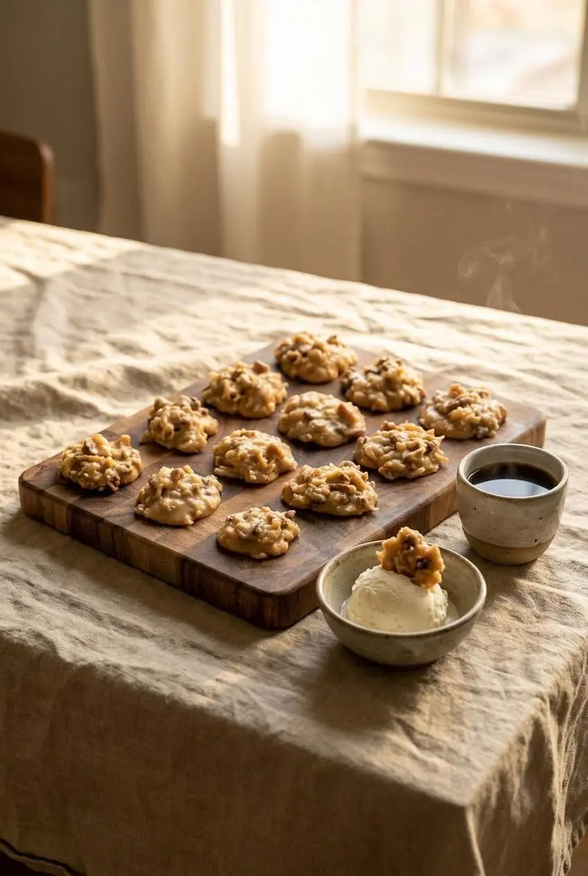 No bake coconut pecan praline cookies served alongside a cup of hot black coffee and vanilla ice cream.