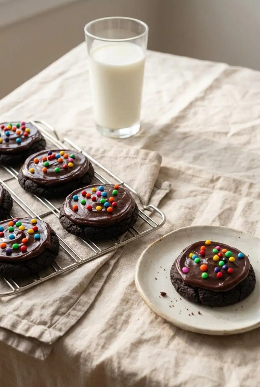 Platter of cosmic brownie cookies served alongside a small dessert plate with one cookie and a tall glass of milk.