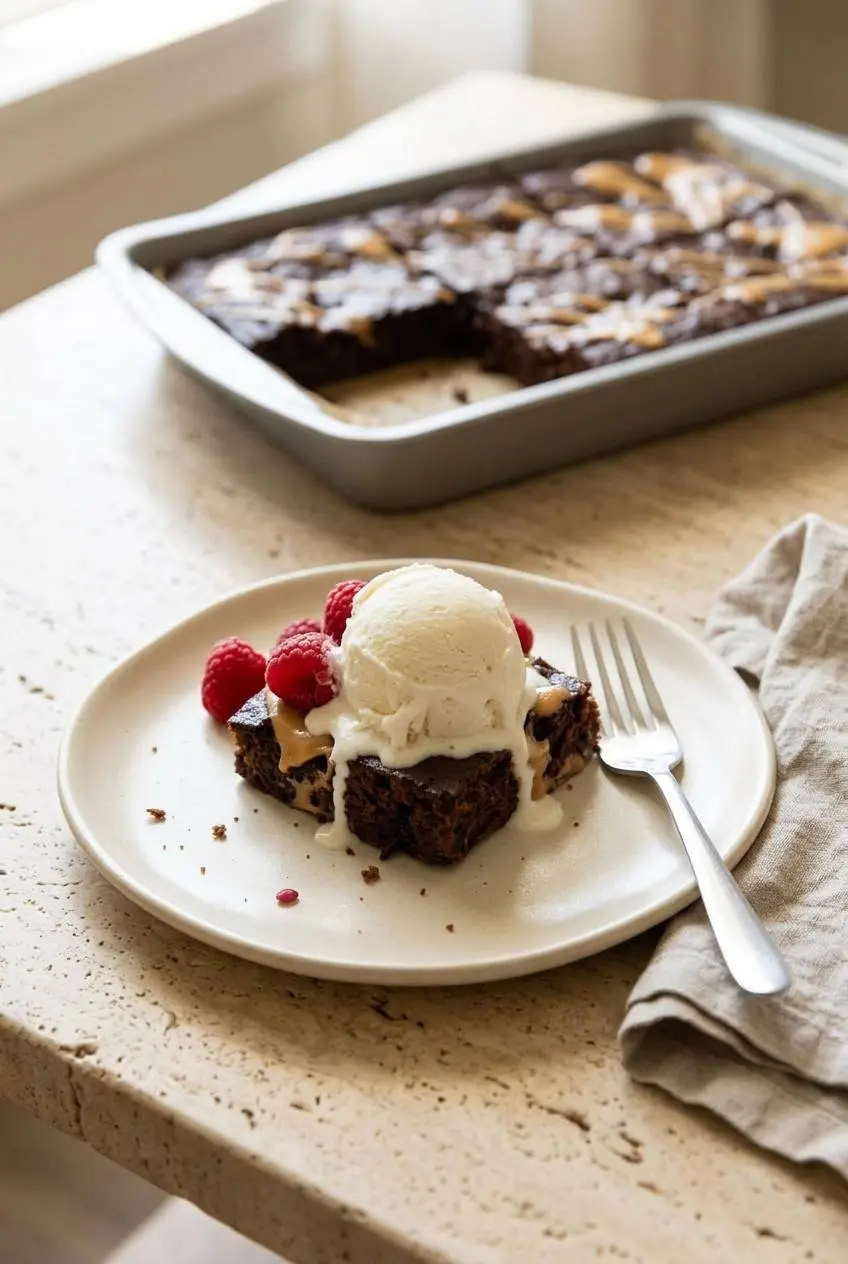 A warm cottage cheese brownie square on a ceramic plate topped with melting vanilla ice cream and fresh raspberries.