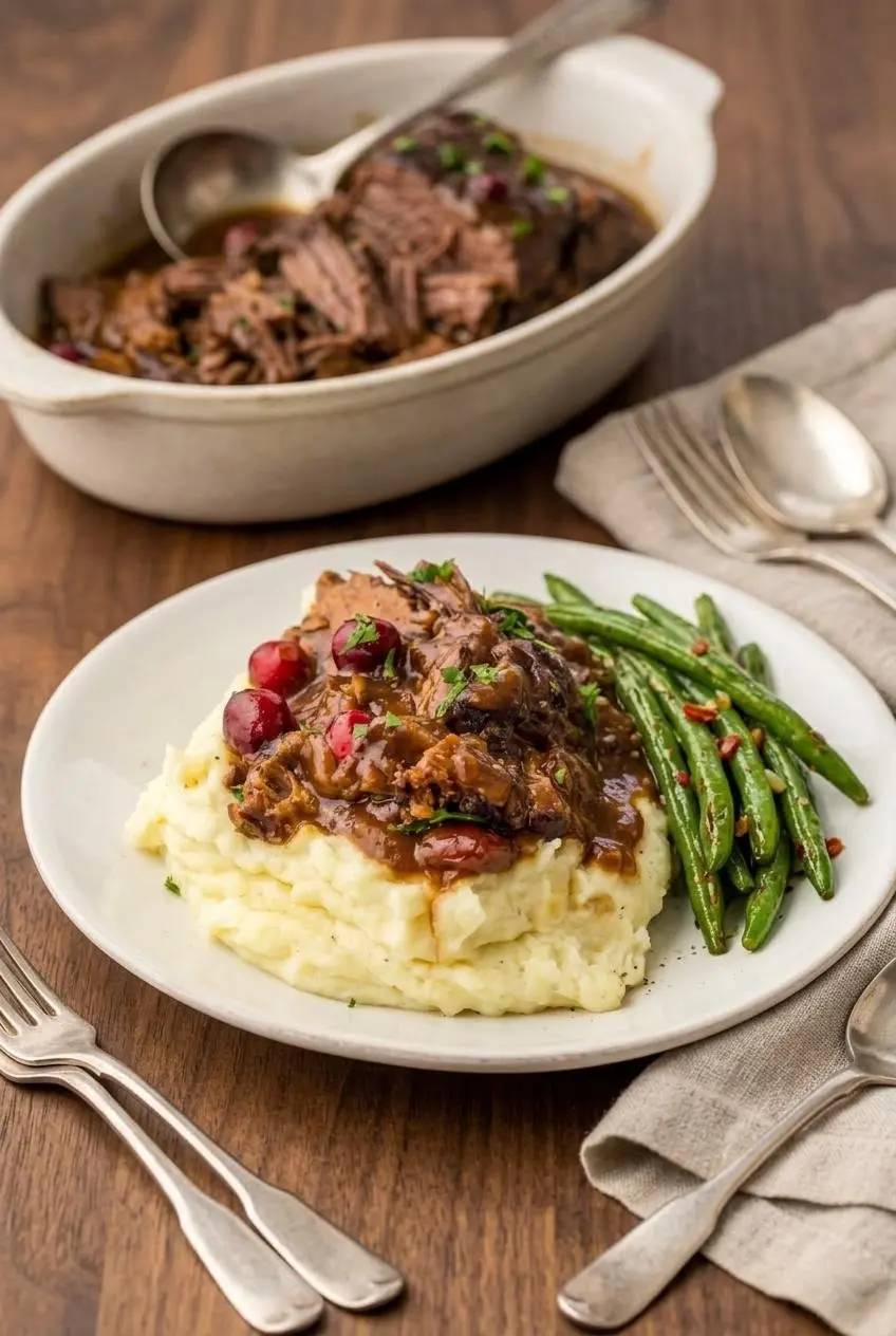Shredded cranberry pot roast served over garlic mashed potatoes with green beans.