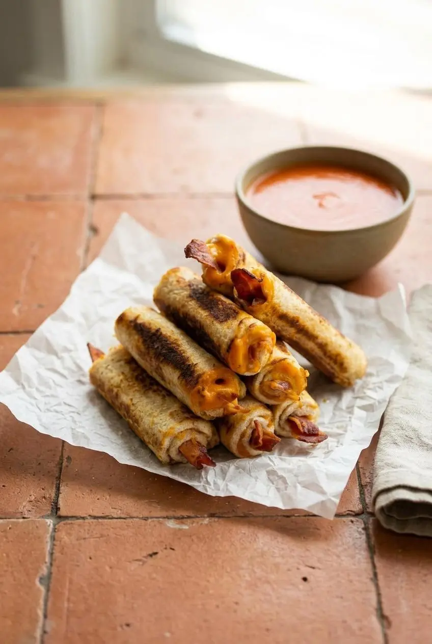 Crispy cheesy bacon rolls served alongside a small ceramic bowl of creamy tomato soup on a terracotta table.