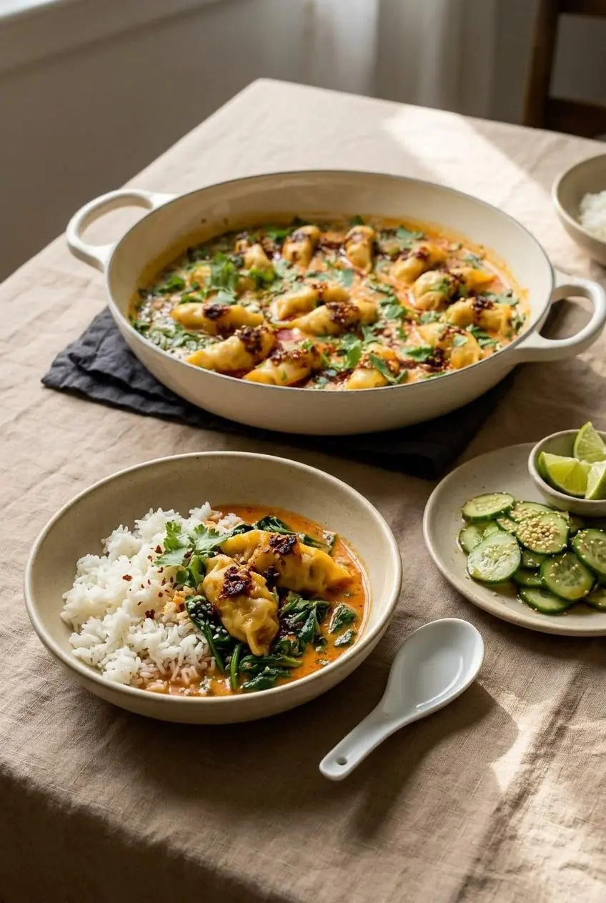 Bowl of dumpling bake over steamed jasmine rice with coconut curry broth, next to sesame cucumber salad and lime wedges.