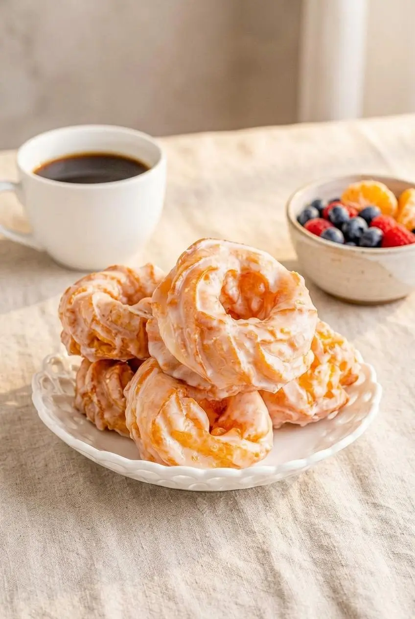 Glazed french crullers served on a linen table with dark roast coffee and fresh berries.