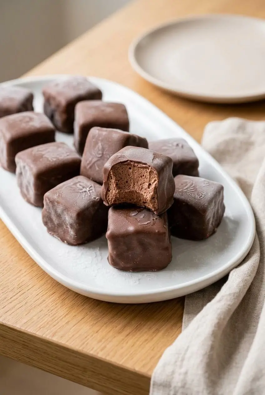 Chilled platter of frozen cool whip candy squares displayed for serving with faint frost condensation.