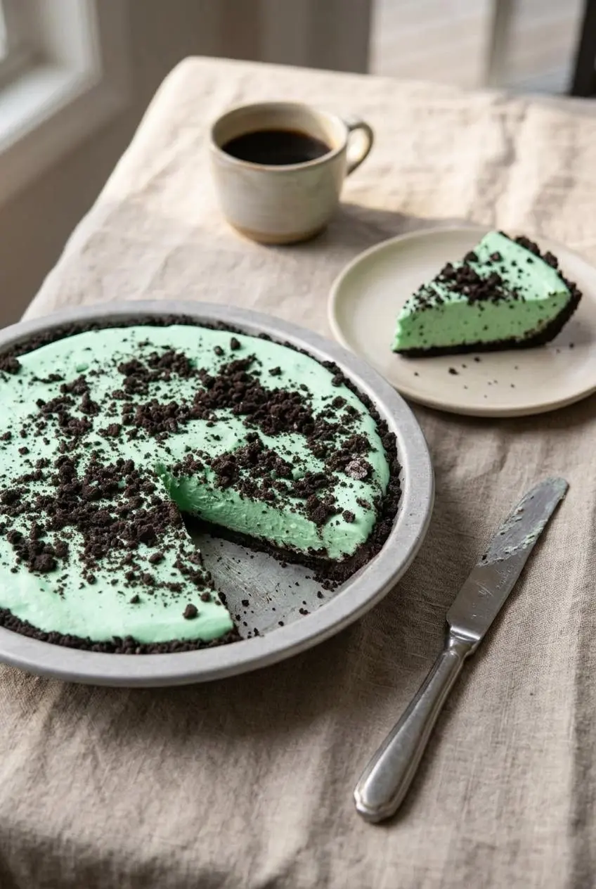 Chilled slice of grasshopper pie plated next to a clean metal knife and a cup of black coffee.