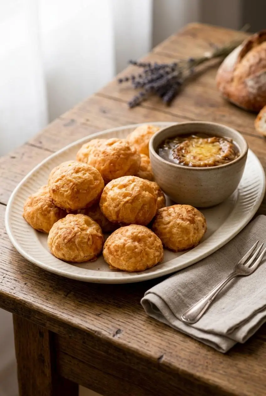 Platter of warm gougères cheese puffs served on a dining table with French onion soup.