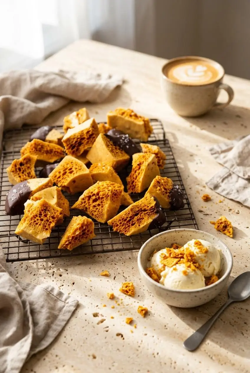 Chocolate-dipped honeycomb candy served alongside vanilla ice cream topped with crushed golden shards and an espresso latte.