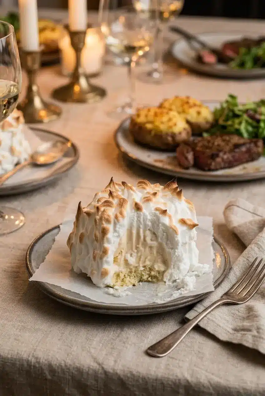 Plated individual Baked Alaska with golden meringue on a linen table near a dessert fork and dinner plates.