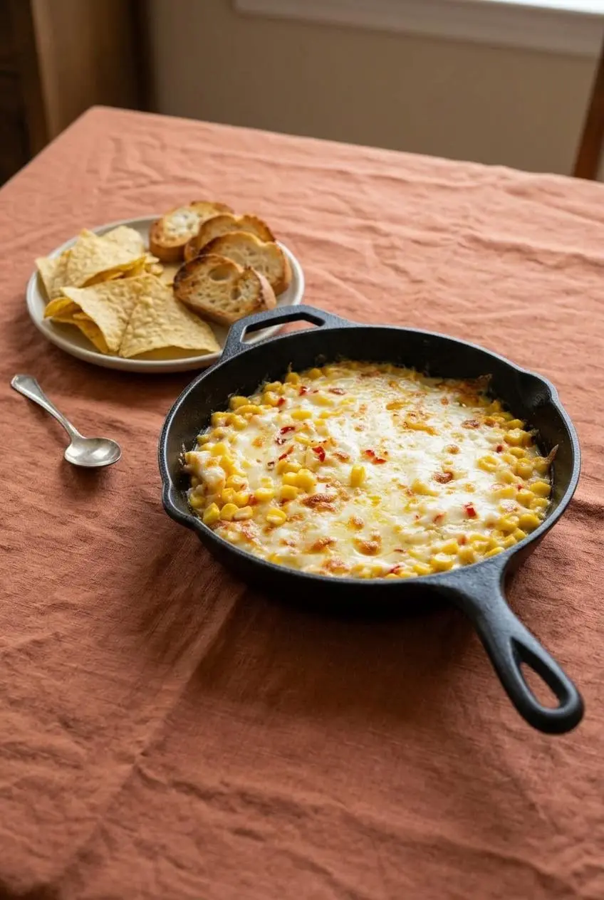 Skillet of golden Korean corn cheese served on a table alongside tortilla chips and toasted baguette slices