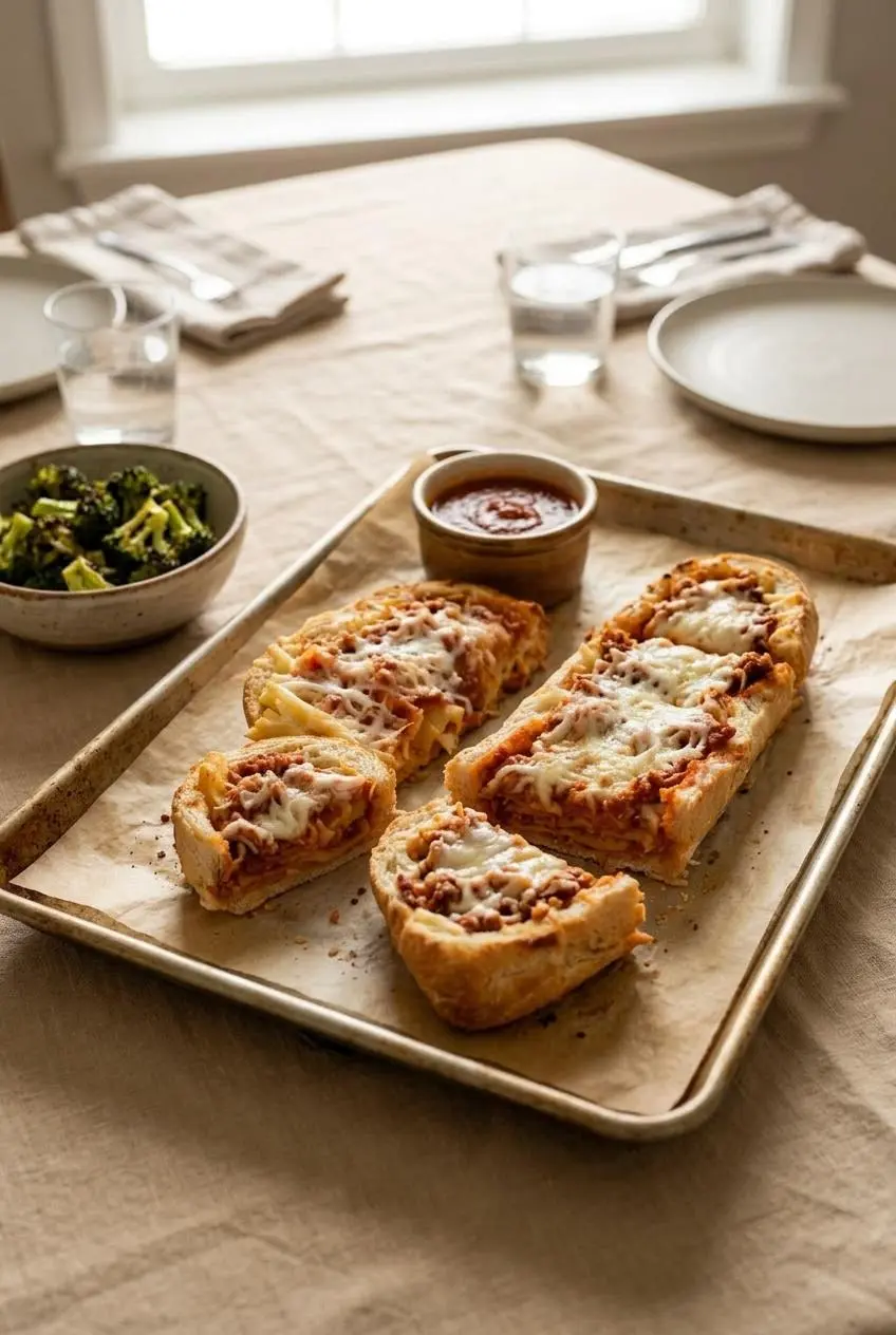 Sliced lasagna stuffed garlic bread on a baking sheet served with warm marinara dipping sauce and roasted broccoli florets.