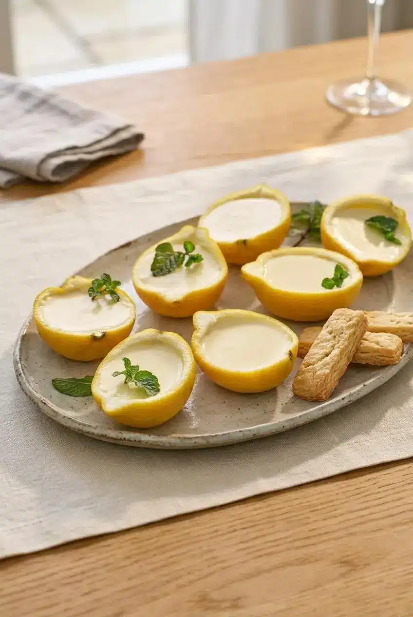 Lemon possets in carved lemon rinds garnished with mint sprigs, served beside crisp buttery shortbread biscuits.