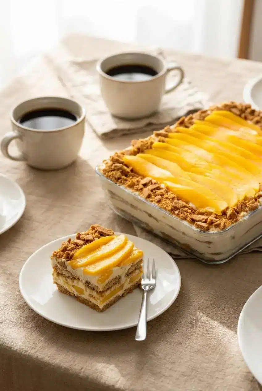 Square slice of mango float on a white dessert plate beside the glass baking dish and two cups of hot black coffee.