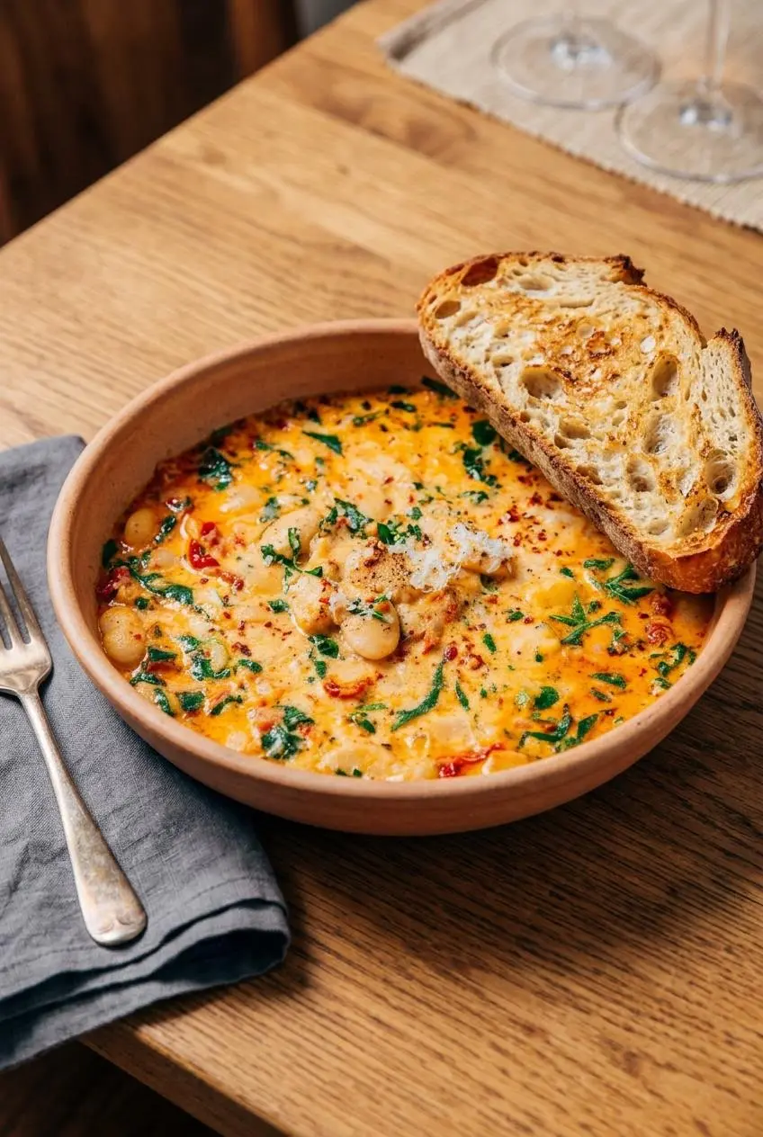 Marry me butter beans in a ceramic bowl served alongside toasted sourdough bread on an oak table.