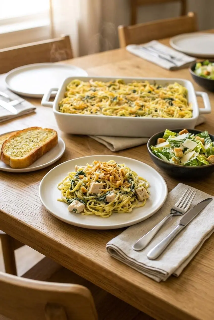 Plated Monterey chicken spaghetti served with a crisp romaine Caesar salad and toasted garlic bread.