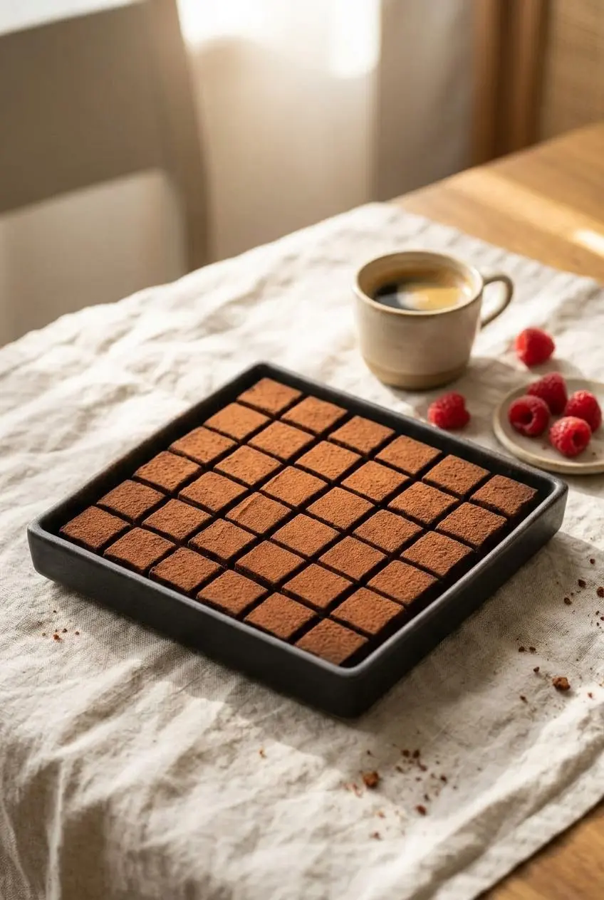 Cocoa-dusted nama chocolate squares served on a linen table alongside black espresso and fresh raspberries.