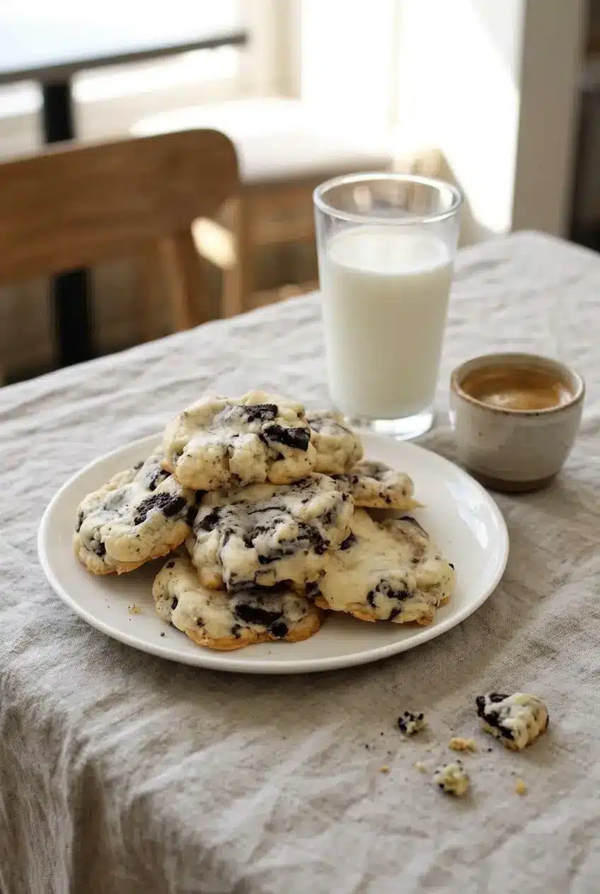 Oreo cheesecake cookies served on a linen table alongside a tall glass of cold milk and a small cup of hot espresso