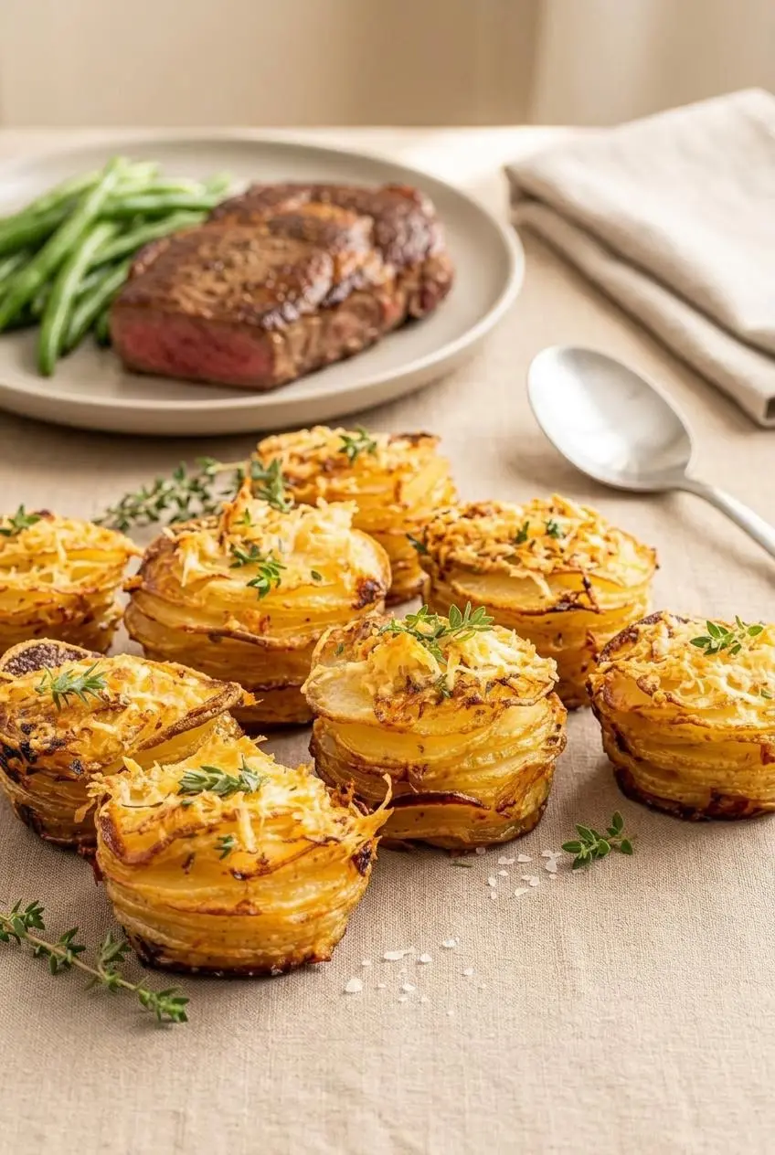 Platter of parmesan potato stacks on a dinner table alongside a plate of pan-seared steak and crisp green beans