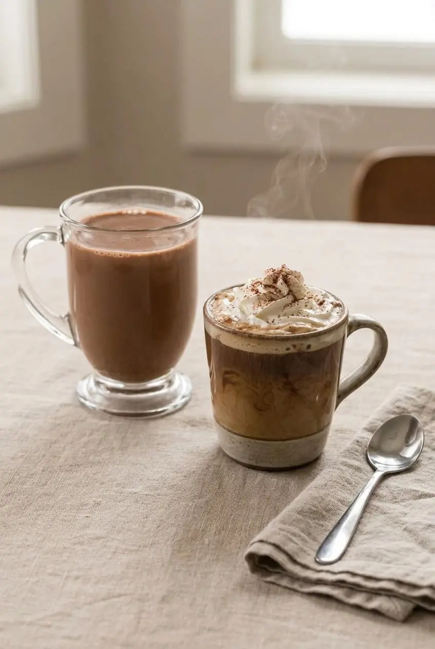 Steaming mug of coffee swirled with chocolate creamer and topped with whipped cream and cocoa next to a creamer jar.