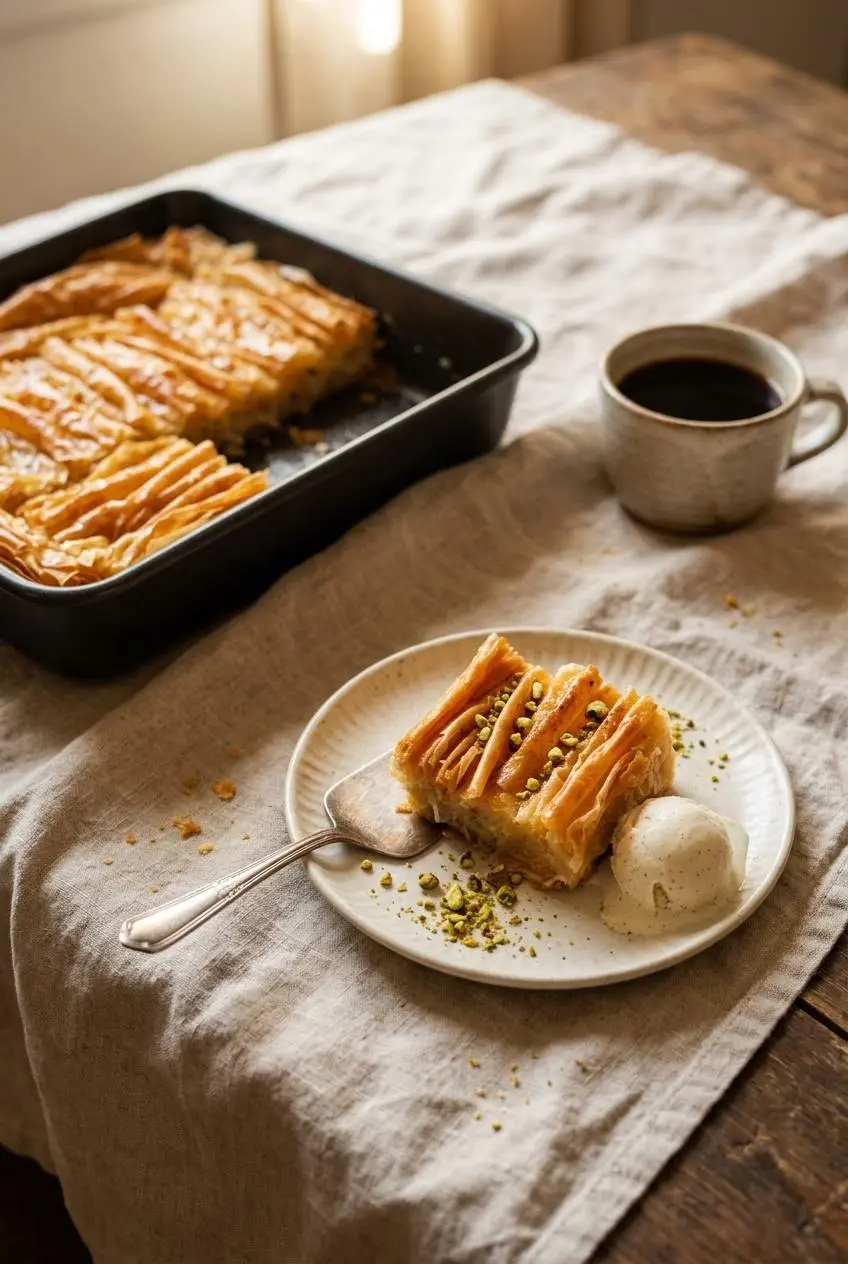 Warm slice of phyllo crinkle cake on a cream plate with crushed pistachios, vanilla ice cream, and black coffee