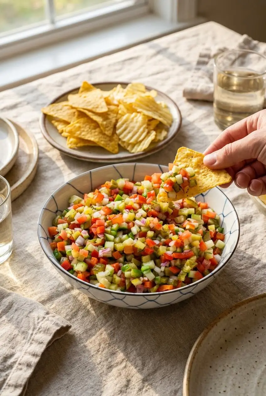 Bowl of pickle de gallo served with golden tortilla chips and kettle-cooked potato chips, with one chip scooping a bite