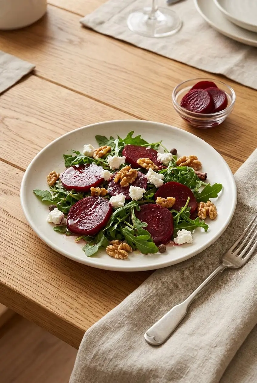 Fresh arugula salad topped with ruby pickled beet rounds, crumbled goat cheese, and toasted walnuts.