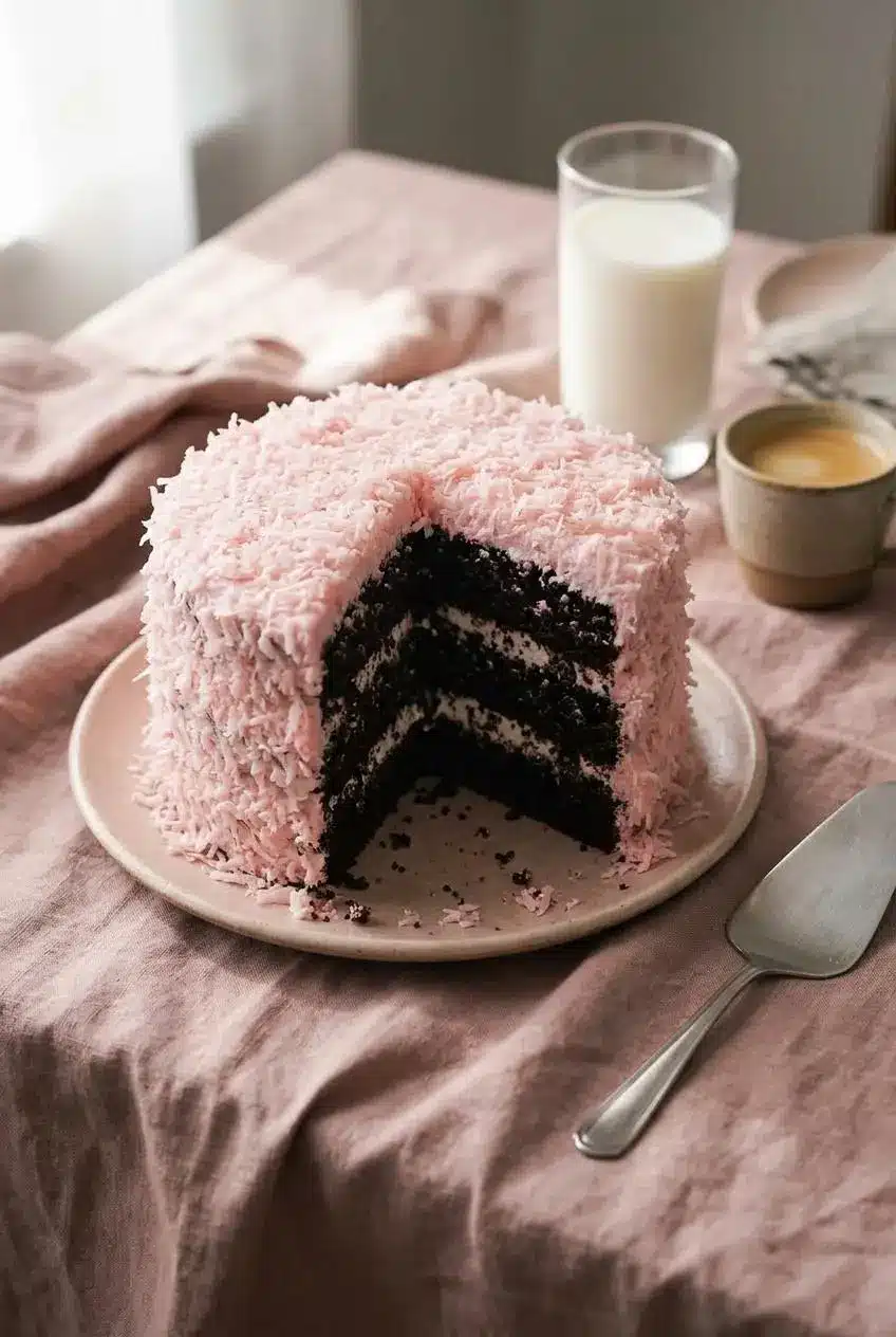Sliced three-layer pink coconut snowball cake on a table with a silver server, cold milk, and hot espresso