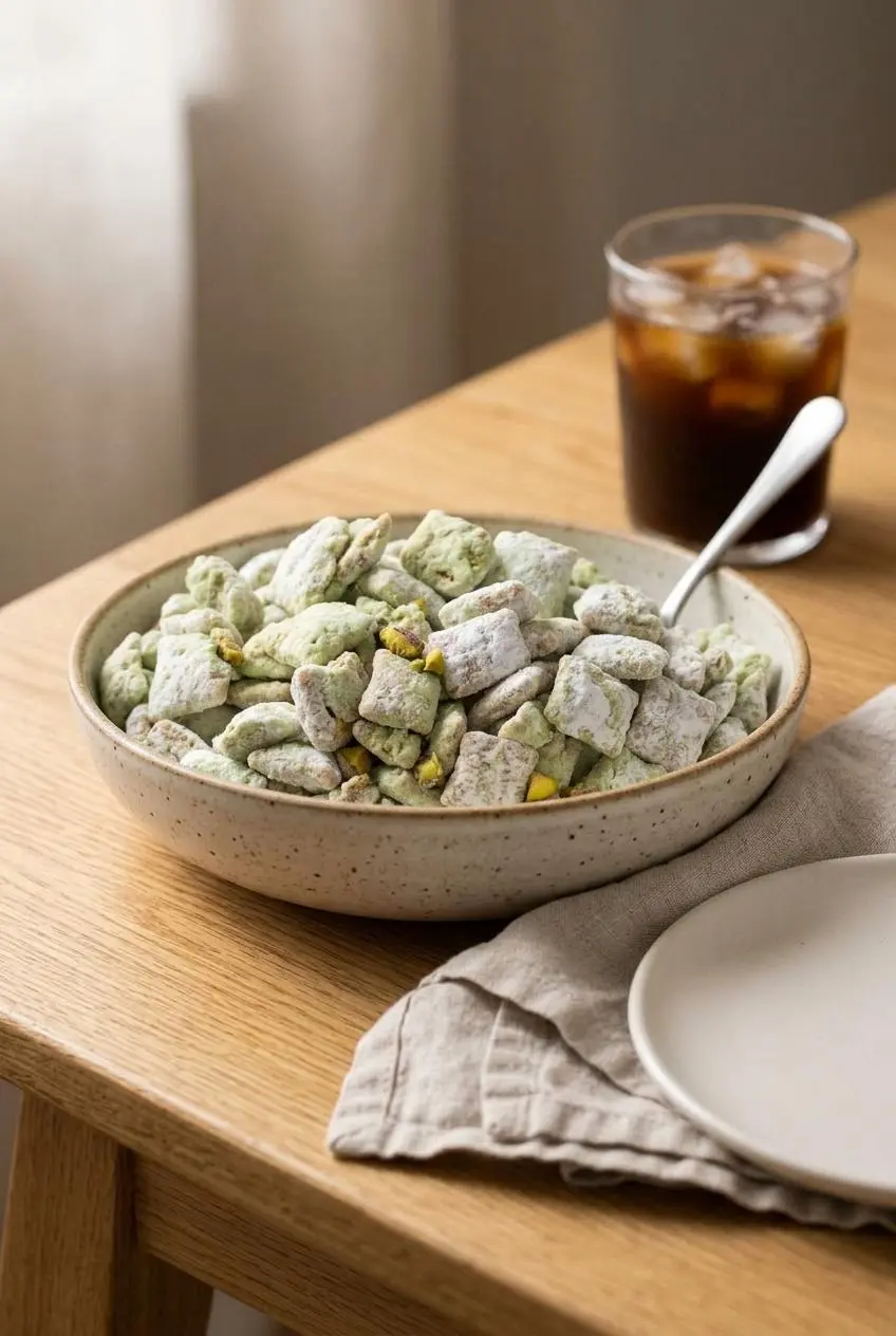 Bowl of freshly tossed pistachio puppy chow served on a dining table beside iced cold brew coffee