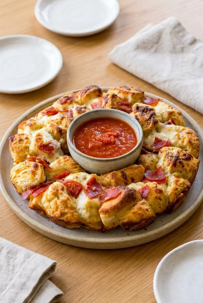 Pizza monkey bread ring served on a ceramic platter with a center bowl of warm red marinara sauce.
