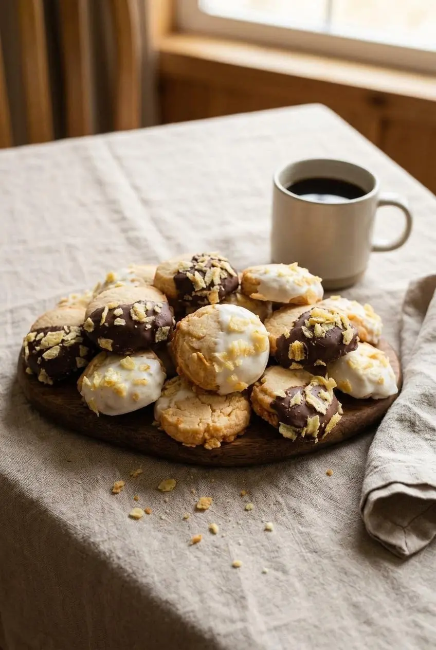 Platter of plain potato chip cookies served on a linen-draped table beside a mug of hot black coffee