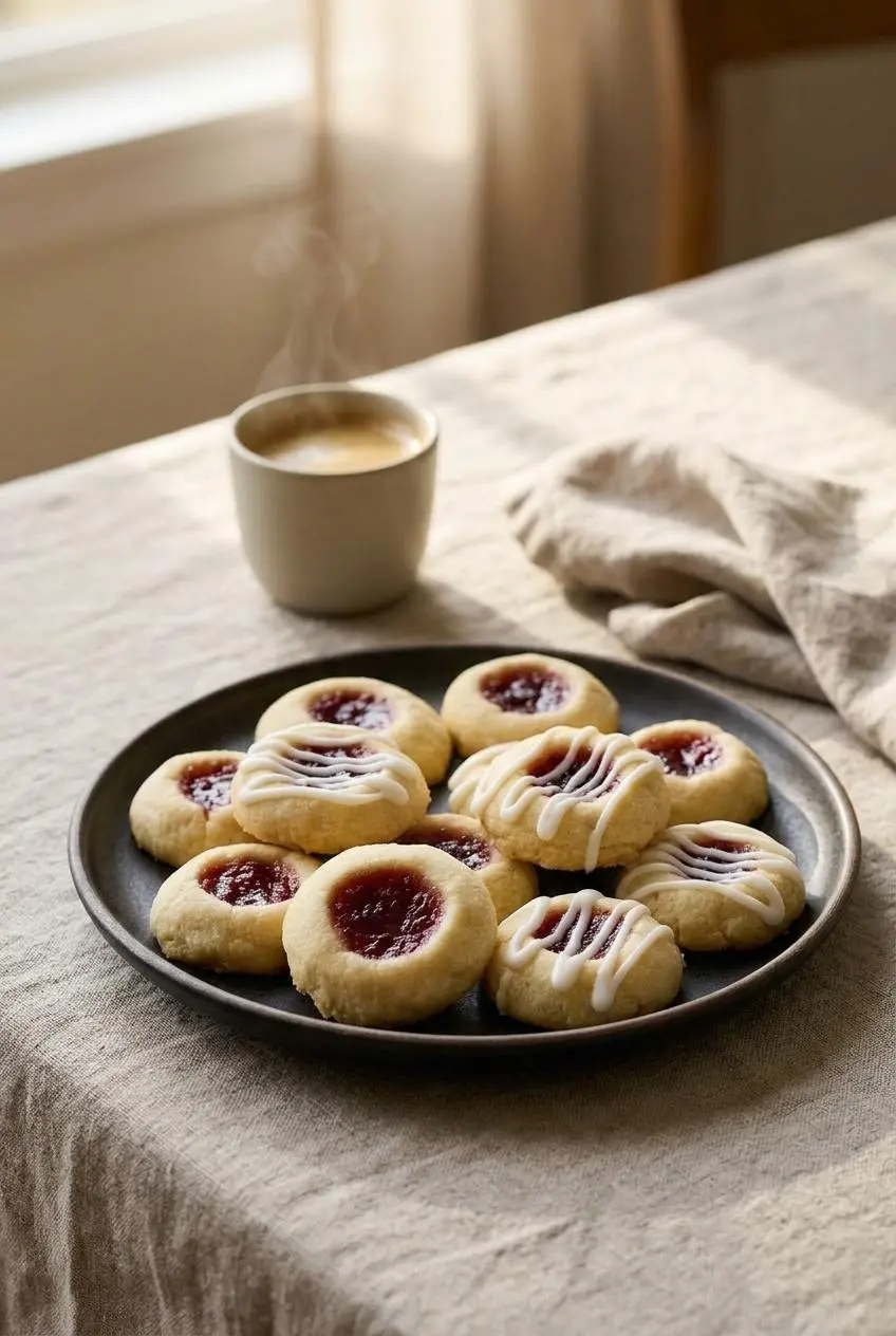 Raspberry almond thumbprint cookies served on a linen table beside a ceramic cup of hot espresso