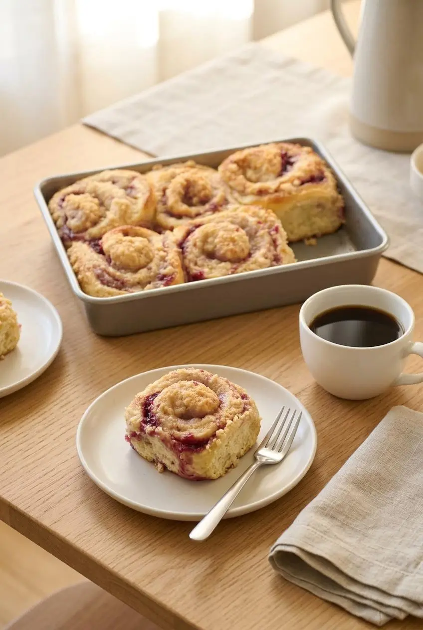 Baking dish of raspberry sweet rolls served on a brunch table with coffee and a dessert plate.