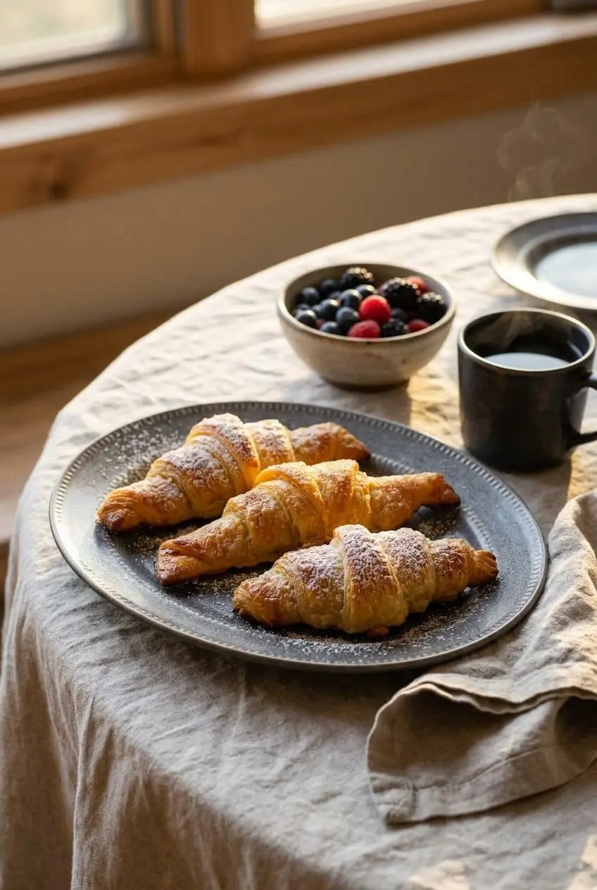 Warm rice paper croissants dusted with powdered sugar on a breakfast table with fresh berries and black coffee.