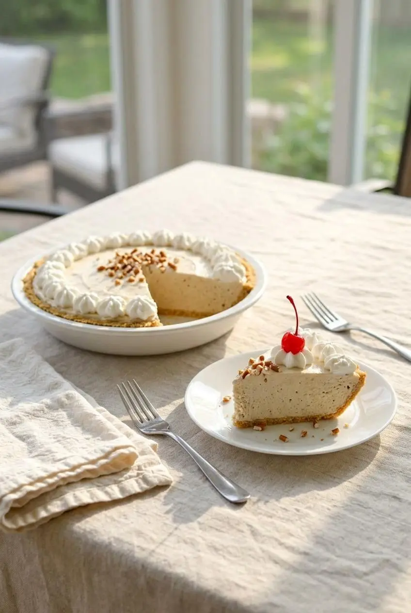 Plated slice of root beer float pie topped with whipped cream, a maraschino cherry, and crushed pretzels on a patio table