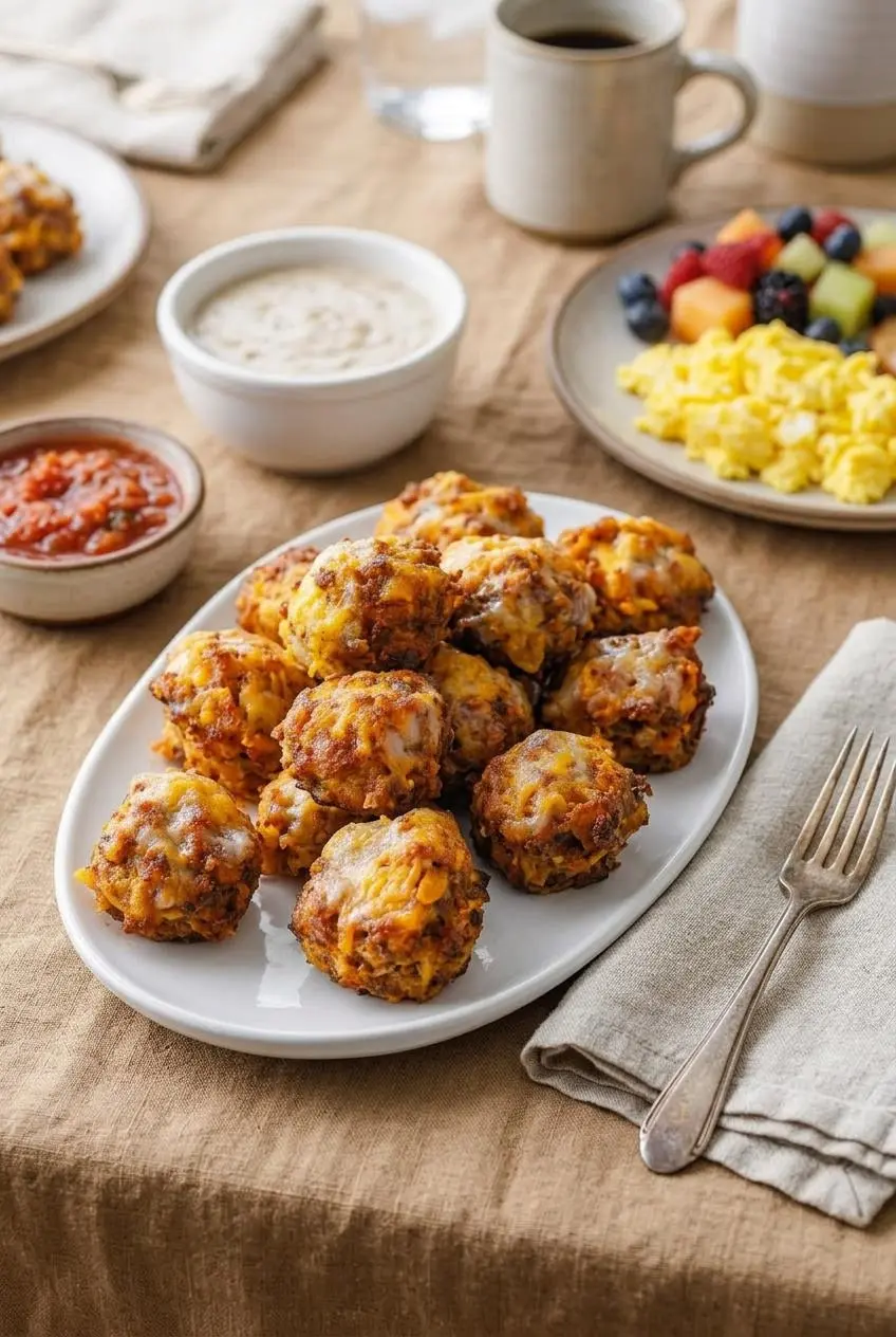 Sausage hash brown bites served on a brunch table with country cream gravy, chunky salsa, scrambled eggs, and fresh fruit.