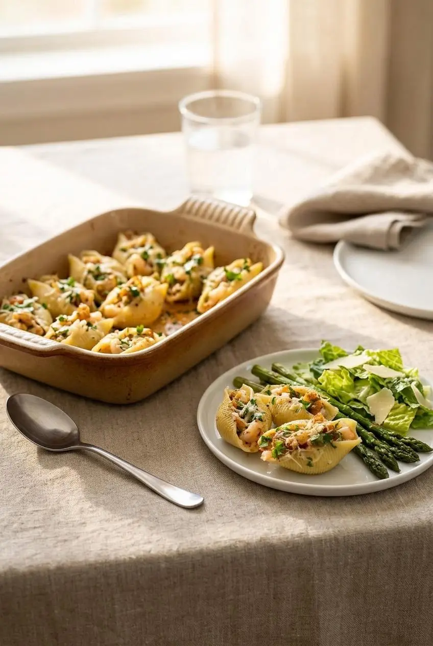 Plated shrimp scampi stuffed shells served with roasted asparagus and Caesar salad beside the warm baking dish.