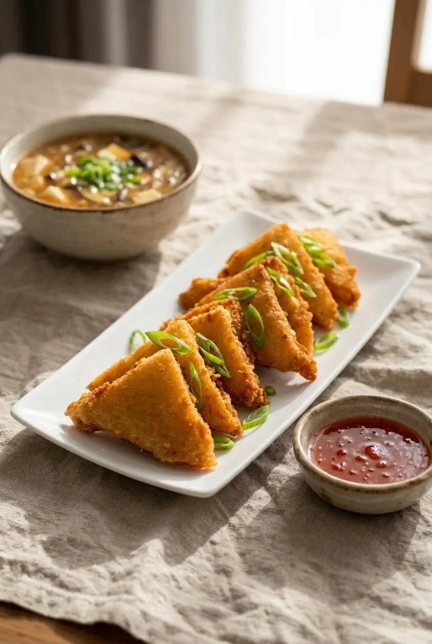 Platter of golden shrimp toast garnished with sliced scallions served alongside sweet chili dipping sauce and hot and sour soup