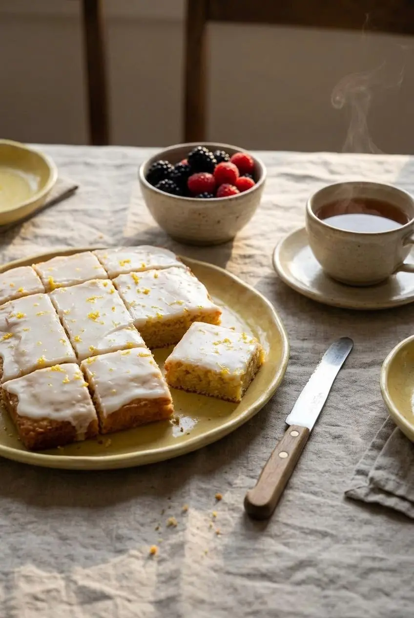Sliced glazed lemon brownies served on a linen table with a clean knife, a bowl of fresh berries, and a cup of hot tea.
