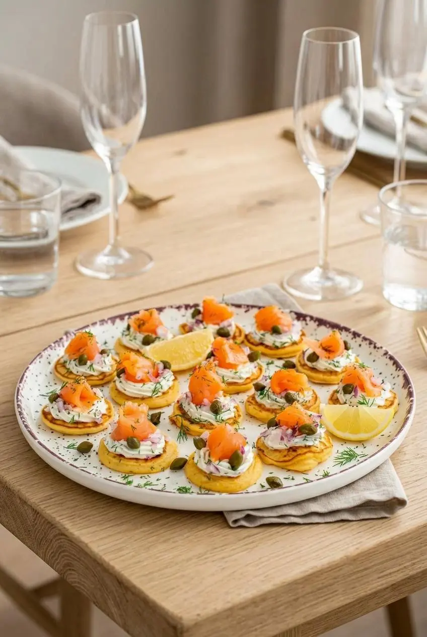 White platter arranged with smoked salmon blinis garnished with capers, red onion, and fresh lemon wedges.