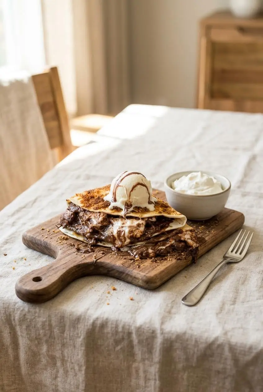 Warm s’mores quesadillas served with a scoop of vanilla ice cream, drizzled chocolate, and a side bowl of whipped cream.