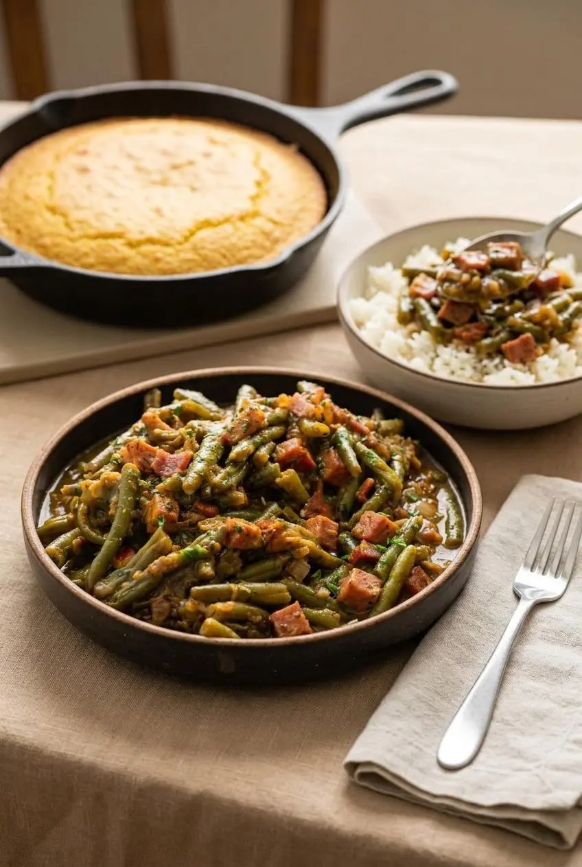 Smothered green beans with bacon and ham spooned over a bowl of white rice beside skillet cornbread.