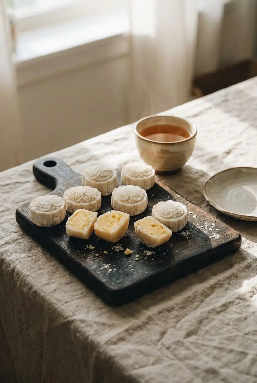 Finished snow skin mooncakes served on a linen-draped table alongside a small ceramic cup of hot amber oolong tea