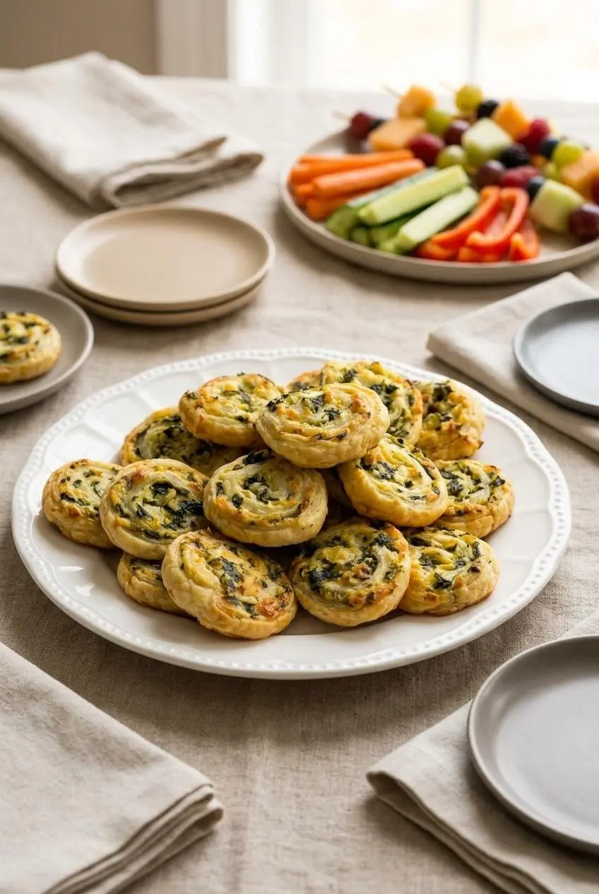 Spinach artichoke puff pastry pinwheels arranged in a single layer on a platter beside vegetable crudites and fruit skewers.