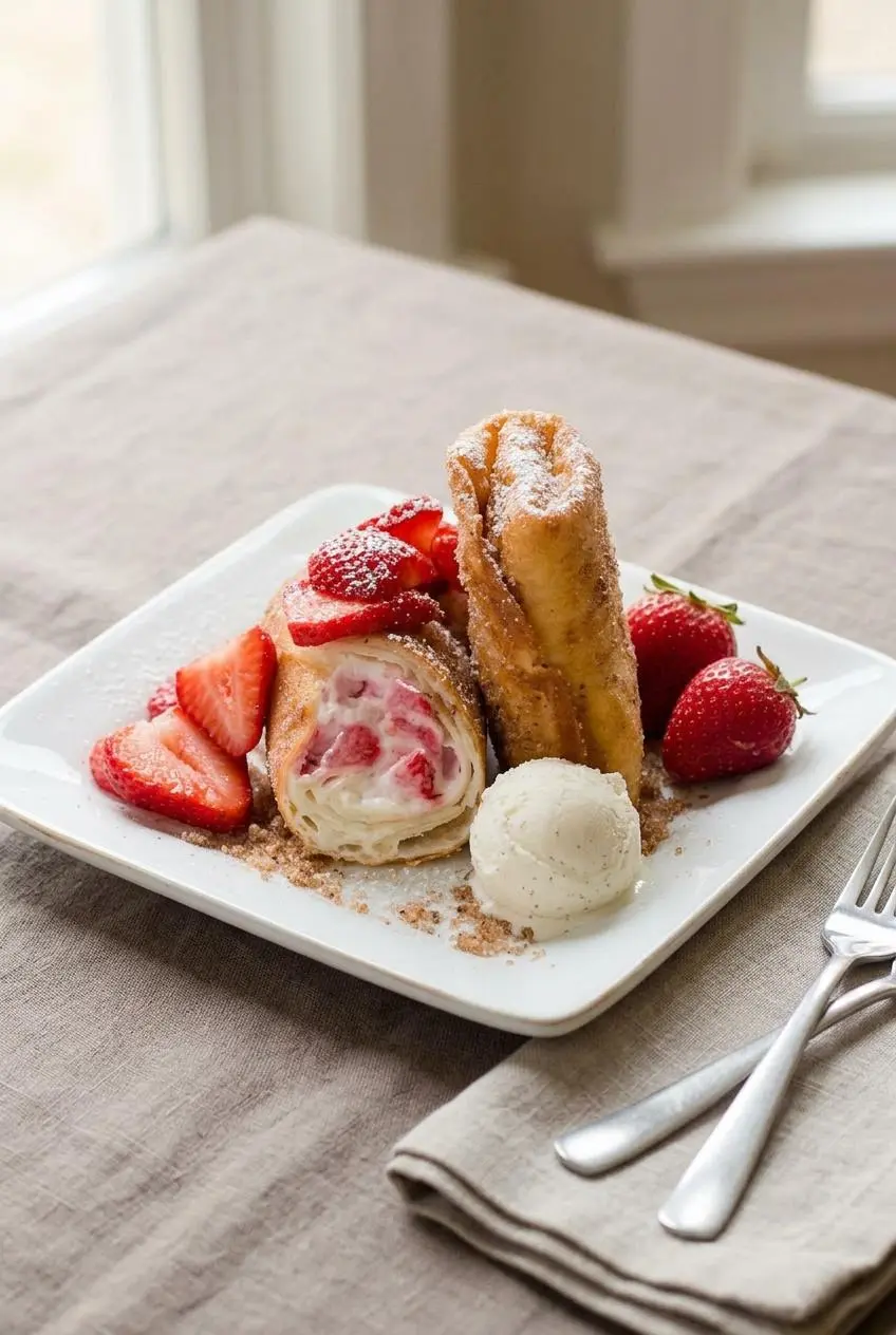 Strawberry cheesecake chimichangas topped with fresh sliced strawberries and powdered sugar beside vanilla bean ice cream