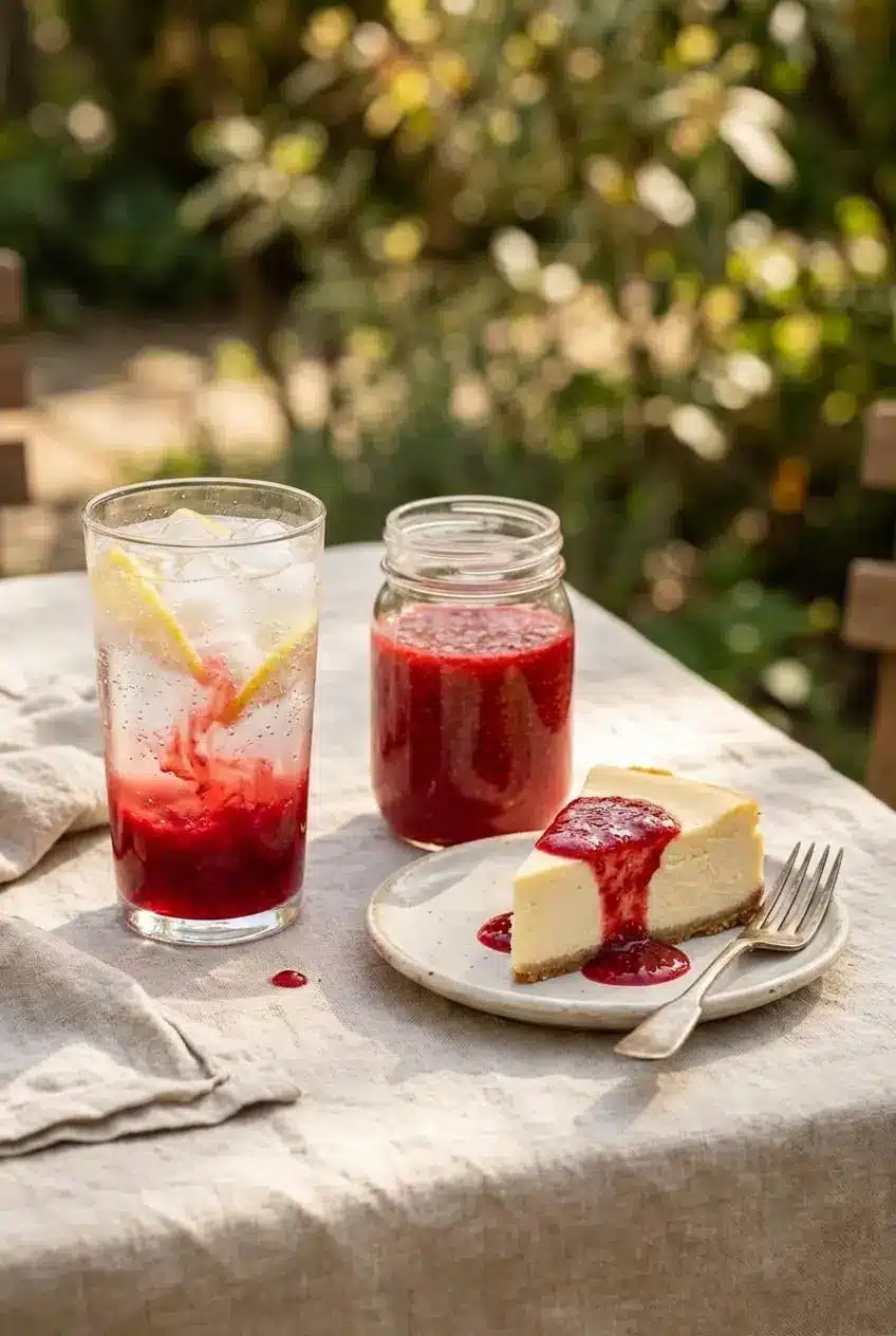 Jar of berry concentrate beside sparkling strawberry lemonade with lemon slices and cheesecake with red sauce